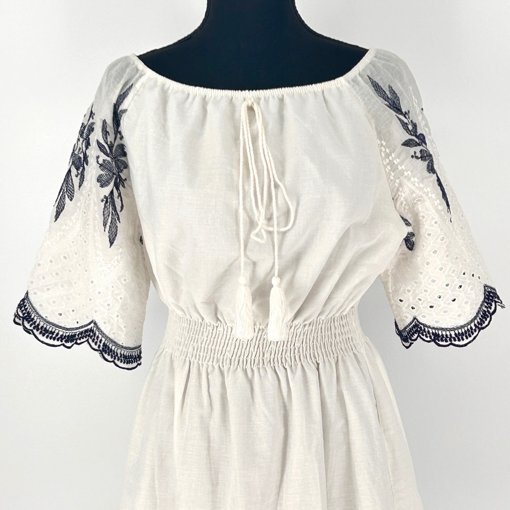Kindred Embroidered Peasant Derby Dress White Blue Boho Cottage Smocked Medium - Picture 5 of 12